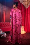 Shop_House Of Fett_Pink Satin Sequins, Embroidery V-neck Diva Floral Print Kaftan _at_Aza_Fashions