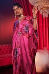 Shop_House Of Fett_Pink Satin Sequins, Embroidery V-neck Diva Floral Print Kaftan _Online_at_Aza_Fashions