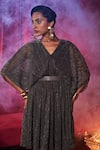 Shop_House Of Fett_Grey Knit Sequins, Metallic Thread V-neck Bronze Embellished Dress _Online_at_Aza_Fashions