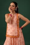Baaro Masi_Pink Bemberg Embroidery Round Neck Printed Kurta Skirt Set _Online_at_Aza_Fashions