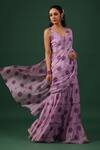 Baaro Masi_Purple Bemberg, Silk V-neck Floral Print Pre-draped Sharara Saree With Blouse _Online_at_Aza_Fashions