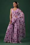 Shop_Baaro Masi_Purple Bemberg, Silk V-neck Floral Print Pre-draped Sharara Saree With Blouse _Online_at_Aza_Fashions