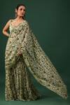 Baaro Masi_Green Bemberg, Silk Sweetheart Floral Print Pre-draped Sharara Saree With Blouse _Online_at_Aza_Fashions