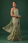 Buy_Baaro Masi_Green Bemberg, Silk Sweetheart Floral Print Pre-draped Sharara Saree With Blouse _Online_at_Aza_Fashions