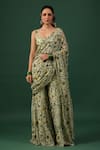 Buy_Baaro Masi_Green Bemberg, Silk Sweetheart Floral Print Pre-draped Sharara Saree With Blouse _at_Aza_Fashions