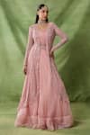 Buy_Awigna_Pink Net, Organza Embroidery, Sequins Open Neck, Venus Long Jacket Skirt Set _at_Aza_Fashions