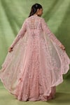 Shop_Awigna_Pink Net, Organza Embroidery, Sequins Open Neck, Venus Long Jacket Skirt Set _at_Aza_Fashions