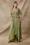 Awigna_Green Organza, Satin, Georgette Embroidery Open Chloe Cape Dhoti Skirt Set _Online_at_Aza_Fashions