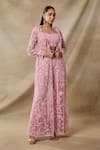 Buy_Awigna_Pink Net Embroidery, Sequins, Tassels, Beads Open Neck, Gaia Cape Pant Set _at_Aza_Fashions