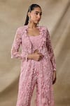 Awigna_Pink Net Embroidery, Sequins, Tassels, Beads Open Neck, Gaia Cape Pant Set _Online_at_Aza_Fashions