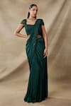 Buy_Awigna_Green Satin, Georgette Beads, Ceres 3d Floral Pre-draped Saree With Blouse _at_Aza_Fashions