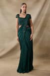 Awigna_Green Satin, Georgette Beads, Ceres 3d Floral Pre-draped Saree With Blouse _Online_at_Aza_Fashions