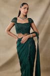 Buy_Awigna_Green Satin, Georgette Beads, Ceres 3d Floral Pre-draped Saree With Blouse _Online_at_Aza_Fashions