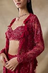 Awigna_Red Net Embroidery, Beads, Sequins Open Neck, Sweetheart Eos Long Cape Pant Set _Online_at_Aza_Fashions