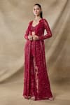 Buy_Awigna_Red Net Embroidery, Beads, Sequins Open Neck, Sweetheart Eos Long Cape Pant Set _Online_at_Aza_Fashions
