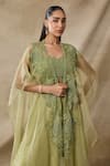 Awigna_Green Organza, Net Embroidery Open Neck, Sweetheart Hormonie Cape Skirt Set _Online_at_Aza_Fashions