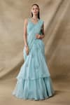 Buy_Awigna_Blue Organza Sequins, Beads, Embroidery, Tassels V-neck Hebe Layered Skirt Set _at_Aza_Fashions