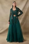 Buy_Awigna_Green Net, Organza Sequins, Embroidery Open Neck, Hecate Cape Sharara Set _at_Aza_Fashions