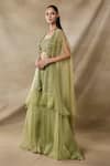 Awigna_Green Net, Organza Sequins, Embroidery Open Neck, Scoop Iris Cape Sharara Set _Online_at_Aza_Fashions