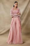 Buy_Awigna_Pink Organza Embroidery, Sequins, Cut Work Open Juno Floral Cape Sharara Set _at_Aza_Fashions