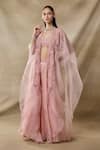 Buy_Awigna_Pink Organza, Net Beads, Sequins, Embroidery Open Neck, Leto Cape Sharara Set _at_Aza_Fashions