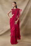 Buy_Awigna_Red Chiffon, Organza Errinyes 3d Floral Embroidered Pre-draped Saree With Blouse _at_Aza_Fashions