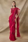Awigna_Red Chiffon, Organza Errinyes 3d Floral Embroidered Pre-draped Saree With Blouse _Online_at_Aza_Fashions
