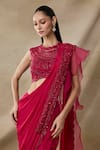Buy_Awigna_Red Chiffon, Organza Errinyes 3d Floral Embroidered Pre-draped Saree With Blouse _Online_at_Aza_Fashions