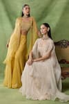 Awigna_Yellow Organza, Net Beads, Sequins, Embroidery Square Themis Cape Sharara Set _at_Aza_Fashions