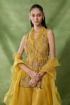 Awigna_Mustard Organza, Net Embroidery, Beads, Sequins Melusine Peplum Top Sharara Set _Online_at_Aza_Fashions