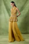 Shop_Awigna_Mustard Organza, Net Embroidery, Beads, Sequins Melusine Peplum Top Sharara Set _Online_at_Aza_Fashions
