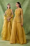 Awigna_Yellow Net, Organza Sequins, Beads, Cut Bormo Embroidered Peplum Top Sharara Set _Online_at_Aza_Fashions