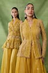Shop_Awigna_Yellow Net, Organza Sequins, Beads, Cut Bormo Embroidered Peplum Top Sharara Set _Online_at_Aza_Fashions