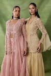 Shop_Awigna_Pink Organza, Net Cut Work, Sequins, Beads, Matrona Laser Cape Sharara Set _Online_at_Aza_Fashions