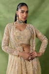 Shop_Awigna_Gold Organza, Net Embroidery, Sequins, Beads Open Neck, Beli Cape Sharara Set _Online_at_Aza_Fashions