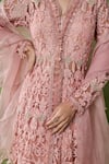 Awigna_Pink Organza, Net Beads, Sequins V-neck Damona Floral Embroidered Cape Skirt Set _at_Aza_Fashions