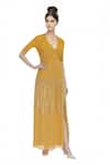 Buy_Huemn_Yellow Sequins V Neck Embellished Slit Gown _at_Aza_Fashions