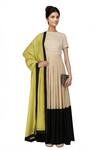 Buy_Blue Lotus Design_Beige Cotton Round Neck Colour Block Anarkali With Dupatta _at_Aza_Fashions