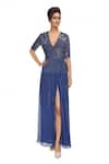 Buy_Huemn_Blue Deep V Neck Embellished Gown _at_Aza_Fashions