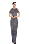Buy_Chisel By Meghna Ramrakhiya_Silver Round Cold Shoulder Gown _at_Aza_Fashions