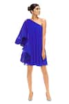 Buy_Gauri & Nainika_Blue Viscose Georgette Asymmetrical One Shoulder Bell Sleeve Dress _at_Aza_Fashions