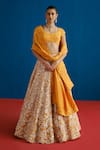 Shop_Mishru_Orange Tulle, Organza, Silk Embroidery, Sequins Round Celia Blouse Lehenga Set _at_Aza_Fashions