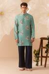 Buy_Eleven Brothers_Green Silk Printed Mandarin Collar Kurta _at_Aza_Fashions