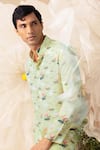 Eleven Brothers_Green Silk Swan And Lotus Print Kurta _Online_at_Aza_Fashions