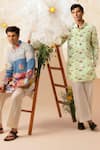 Buy_Eleven Brothers_Green Silk Swan And Lotus Print Kurta _Online_at_Aza_Fashions