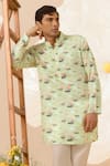 Buy_Eleven Brothers_Green Silk Swan And Lotus Print Kurta _at_Aza_Fashions