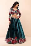 Priyanka Jain_Blue Velvet Applique, Sequins, Pearls, Embroidery, Stones Rose Lehenga Set _Online_at_Aza_Fashions