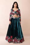 Shop_Priyanka Jain_Blue Velvet Applique, Sequins, Pearls, Embroidery, Stones Rose Lehenga Set _Online_at_Aza_Fashions