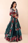 Priyanka Jain_Blue Velvet Applique, Sequins, Pearls, Embroidery, Stones Rose Lehenga Set _at_Aza_Fashions