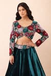 Shop_Priyanka Jain_Blue Velvet Applique, Sequins, Pearls, Embroidery, Stones Rose Lehenga Set 